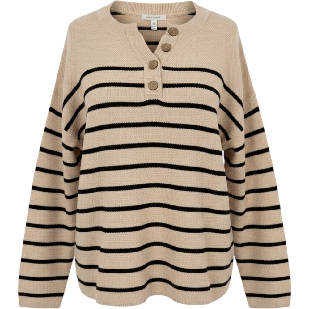 Oversized LILLUSORY striped Henley sweater waffle-knit pattern Wooden buttons M
